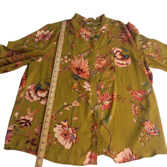Gibson + Latimer Blouse Womens XL Green Floral Ruffle Cuff Mock Neck Boho Top - Picture 5 of 15